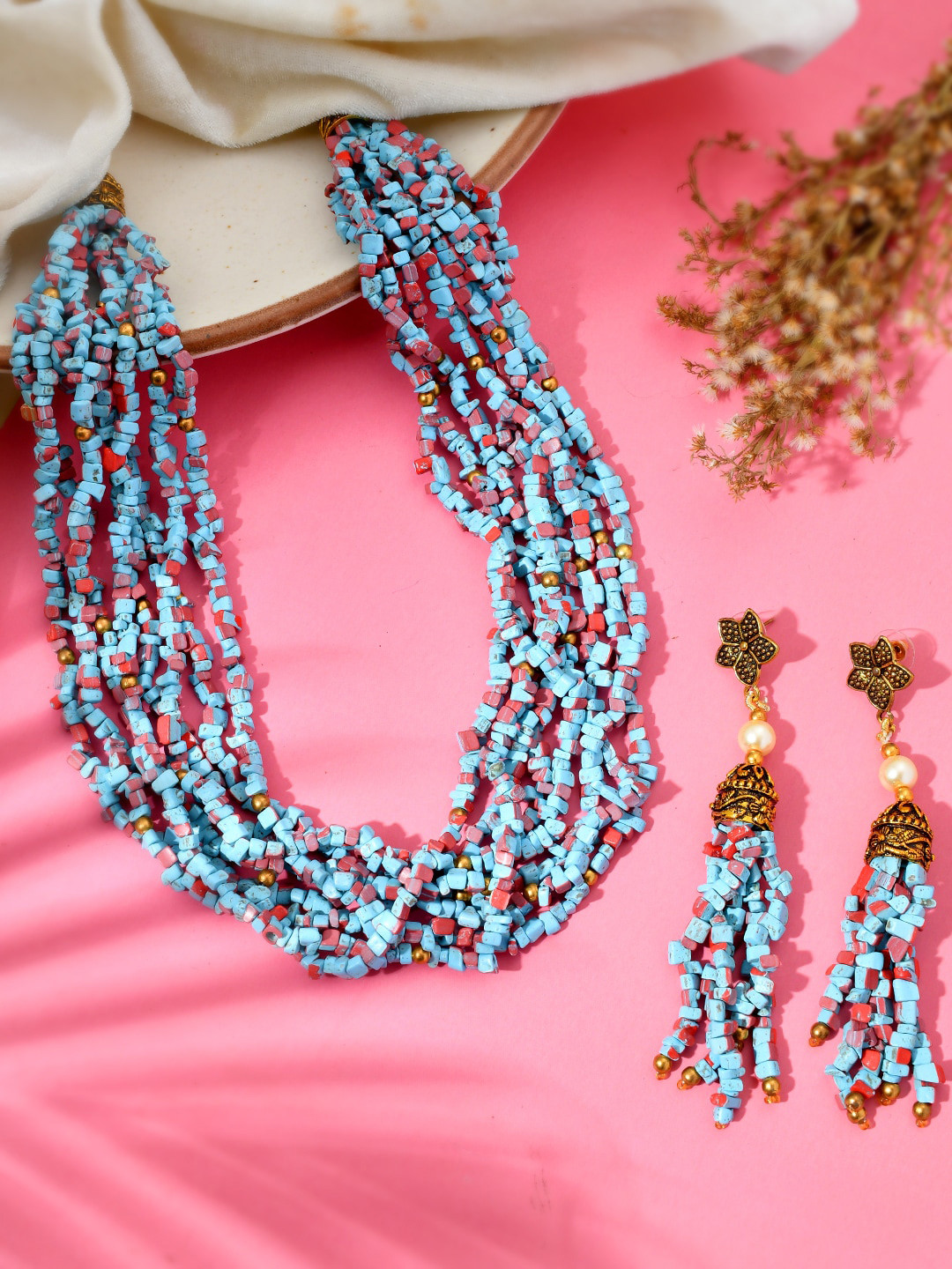 Sanjog Women Beaded Stone Layered Statement Necklace & Earrings