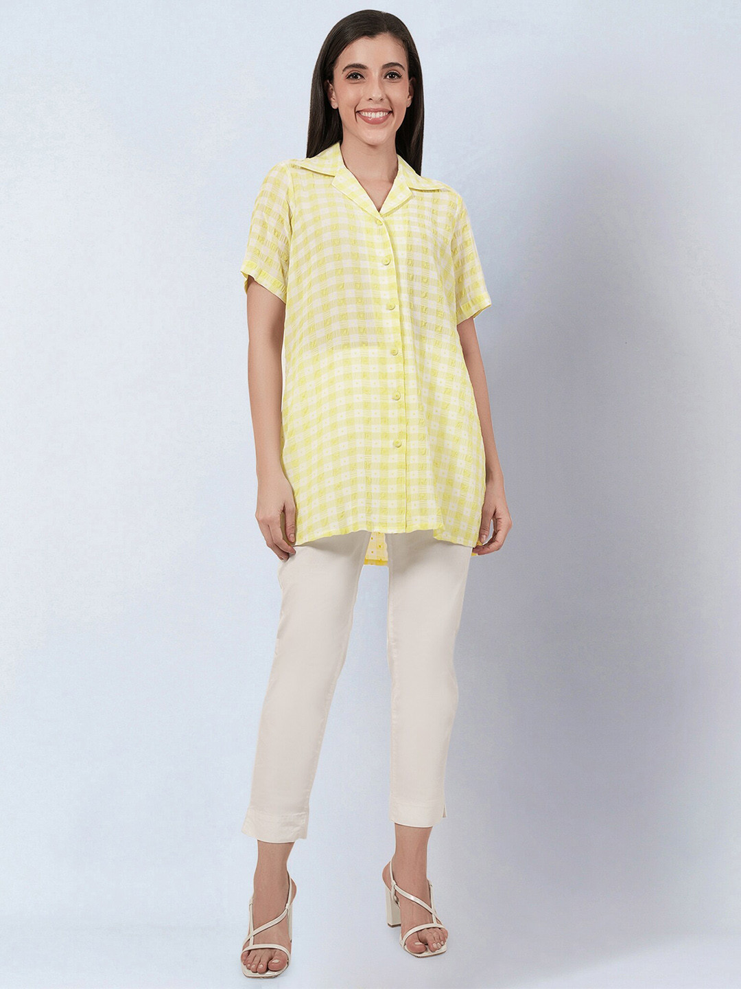 First Resort by Ramola Bachchan Relaxed Checked Notch Lapel Collar Georgette Casual Shirt