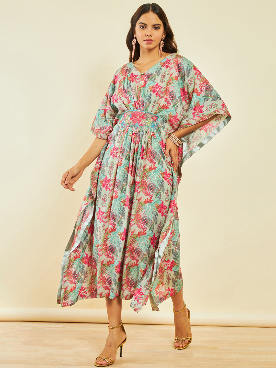 Soch Floral Printed Embroidered V-Neck Flared Sleeves Modal Kaftan Ethnic Dress