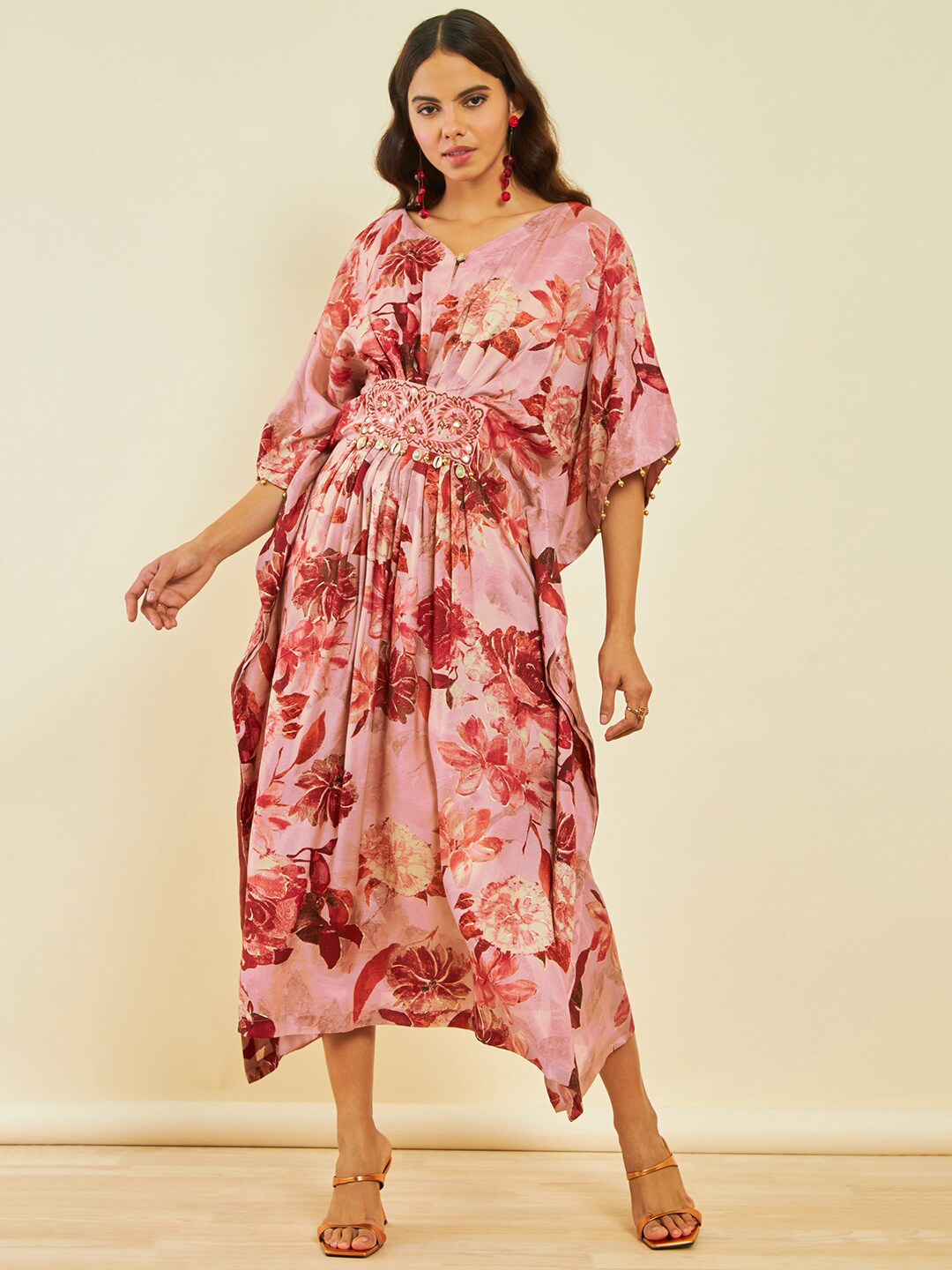 Soch Floral Print Beads And Stones A-Line Midi Dress