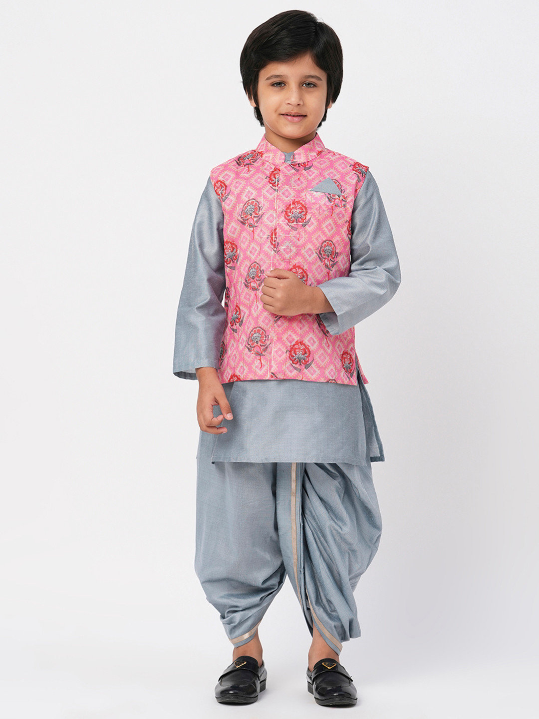 LIL DRAMA Boys Raangoli Ethnic Printed Straight Kurta With Dhoti Pants & Jacket