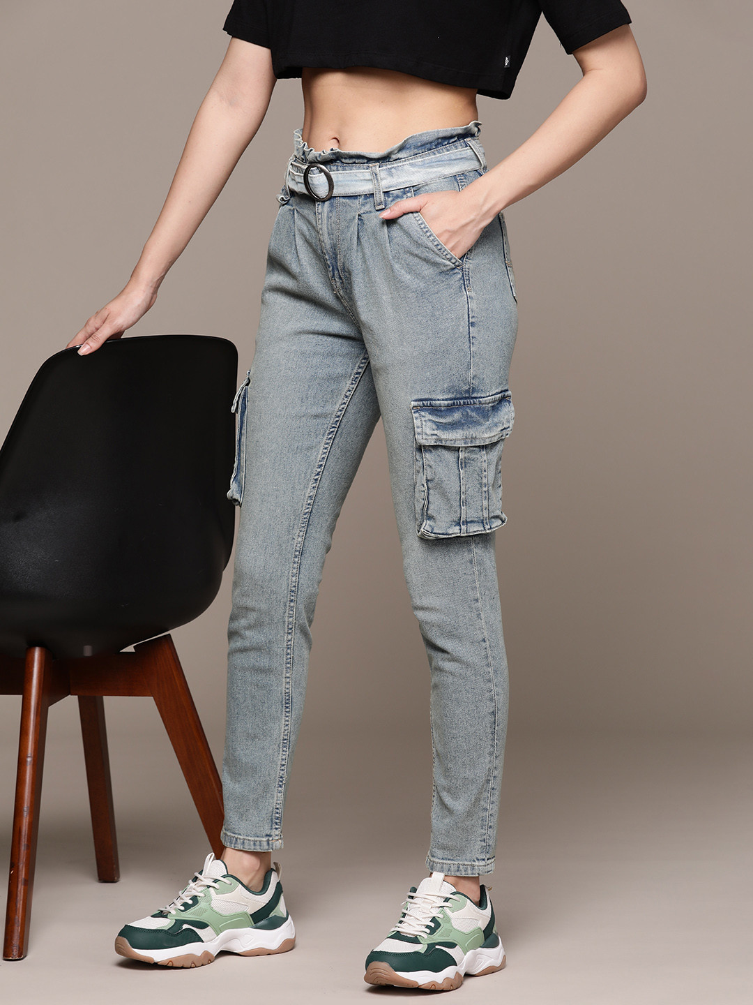 he Roadster Lifestyle Co. Women High-Rise Light Fade Stretchable Mom Fit Cargo Style Jeans