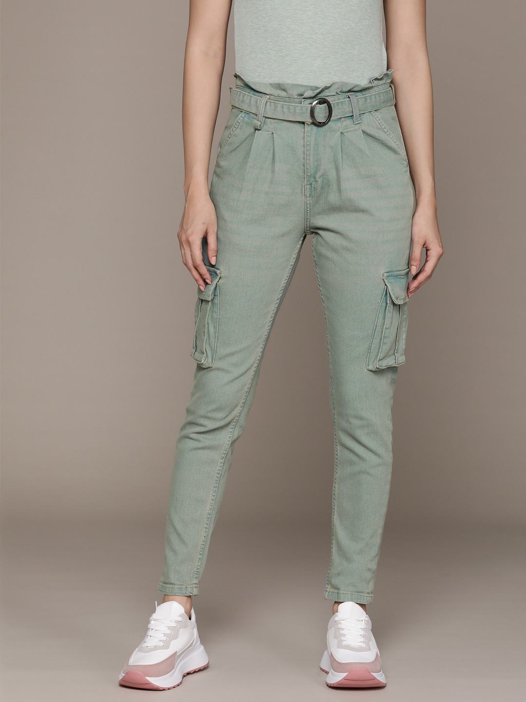 The Roadster Lifestyle Co. Women Stretchable Mom Fit Cargo Style Jeans with Belt