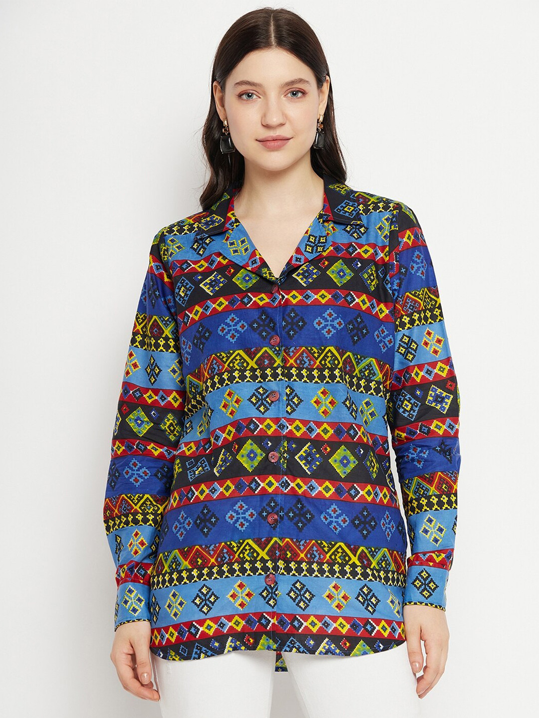 Bitterlime Geometric Printed Comfort Oversized Cotton Shirt