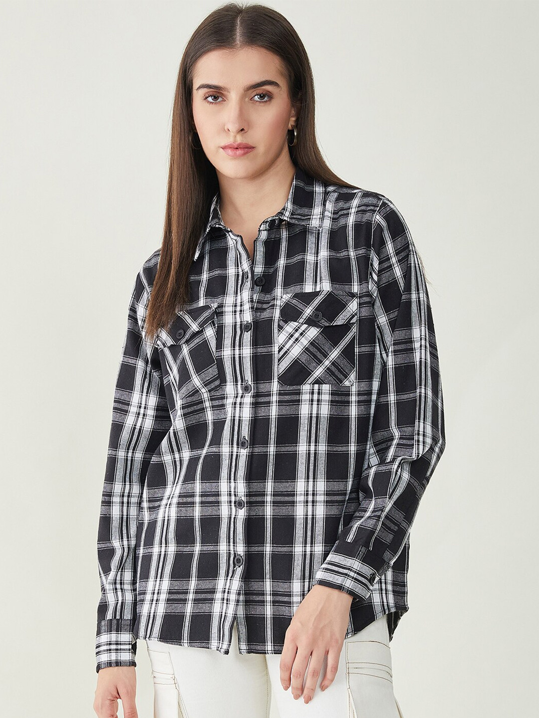 Bitterlime Comfort Oversize Tartan Checks Opaque Checked Casual Shirt