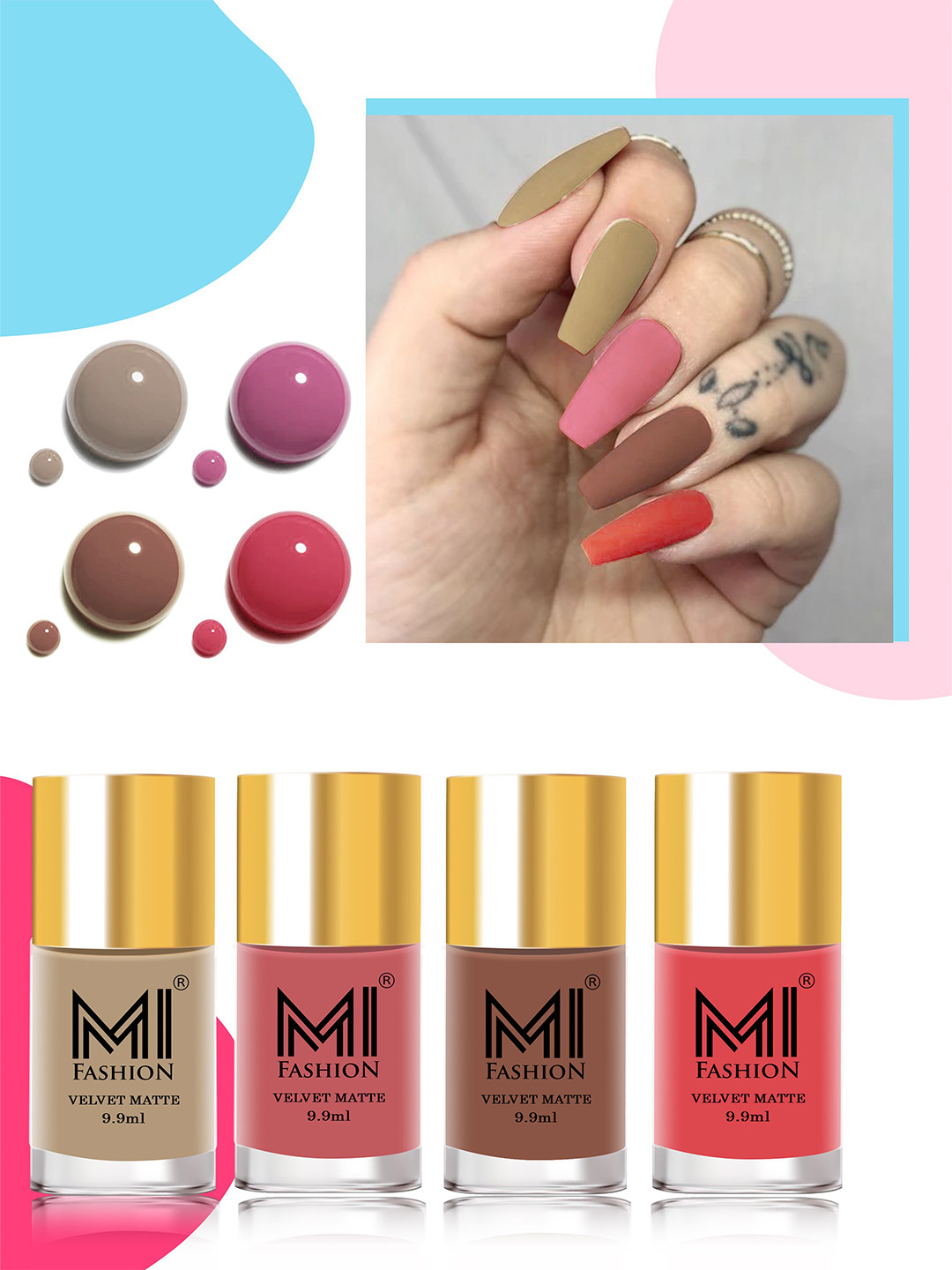 MI FASHION Set of 4 Velvet Matte Nail Polish 9.9 ml Each - Shade 32, 35, 36, 41