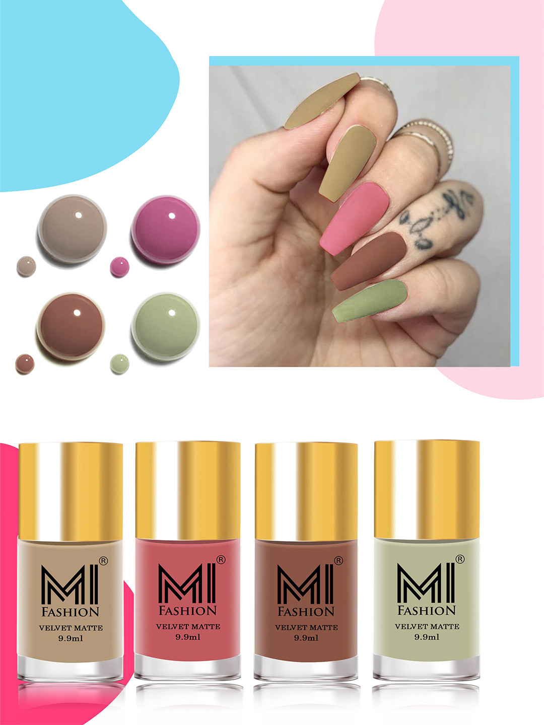 MI FASHION Set Of 4 Velvet Matte High-Pigmented Nail Polish - 9.9ml Each