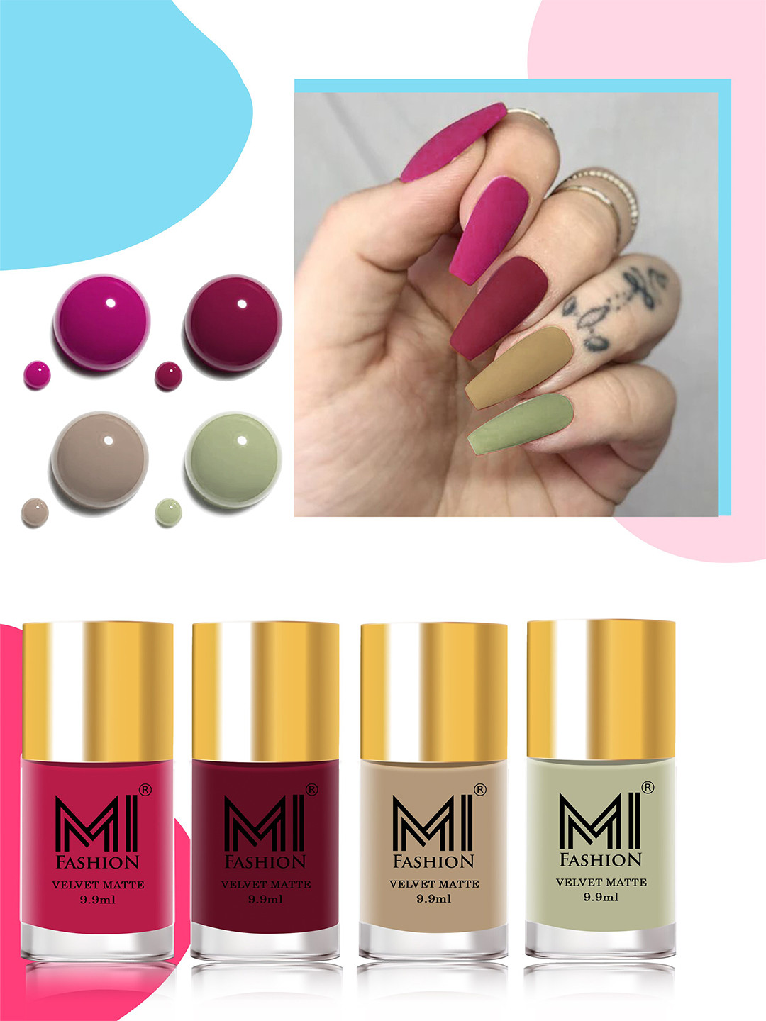 MI FASHION Set of 4 Velvet Matte Nail Polish 9.9 ml Each - Shade 24, 25, 32, 40