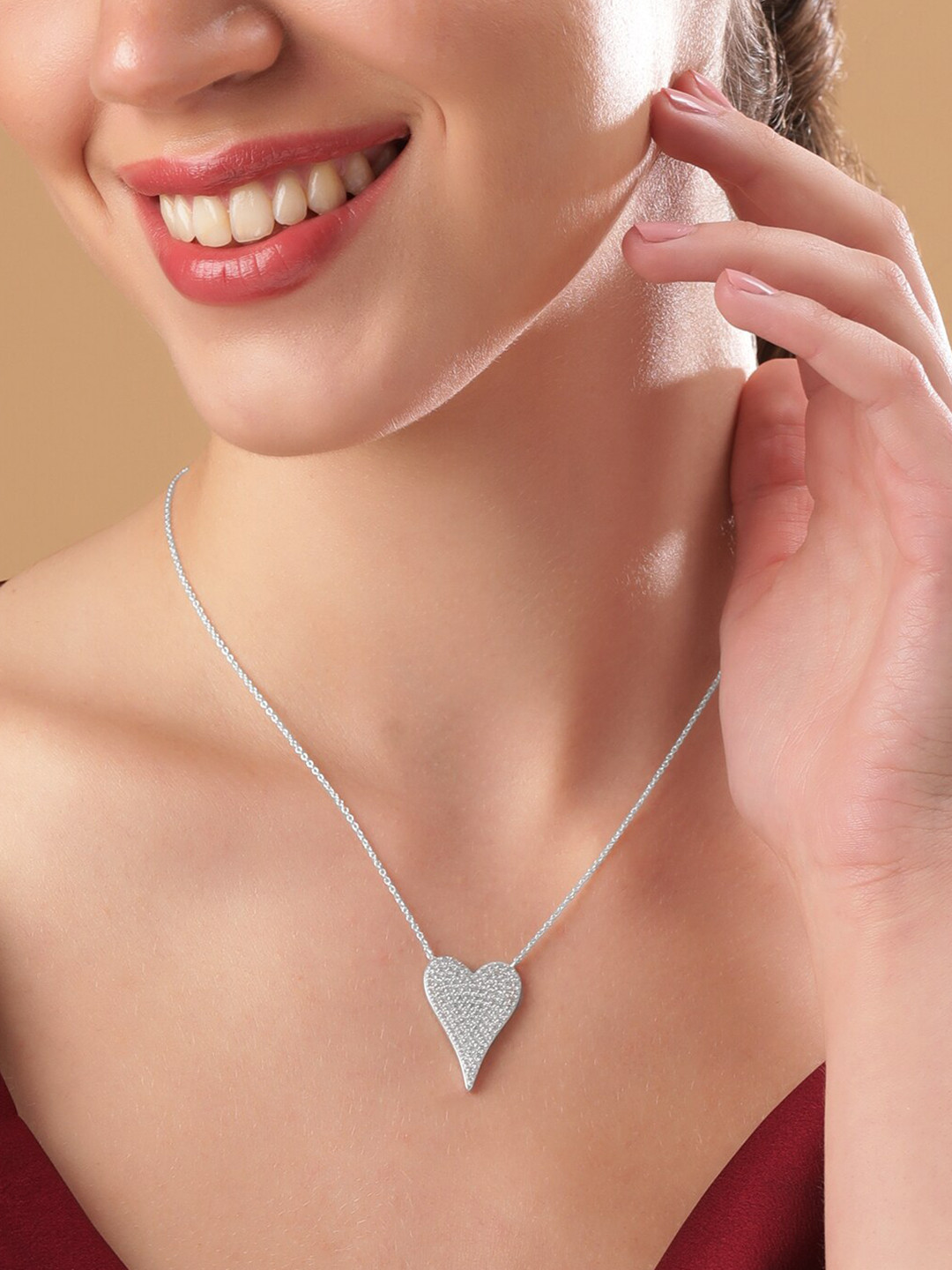 Rubans 925 Sterling Silver Plated Cubic Zirconia Studded Heart Pendant Necklace