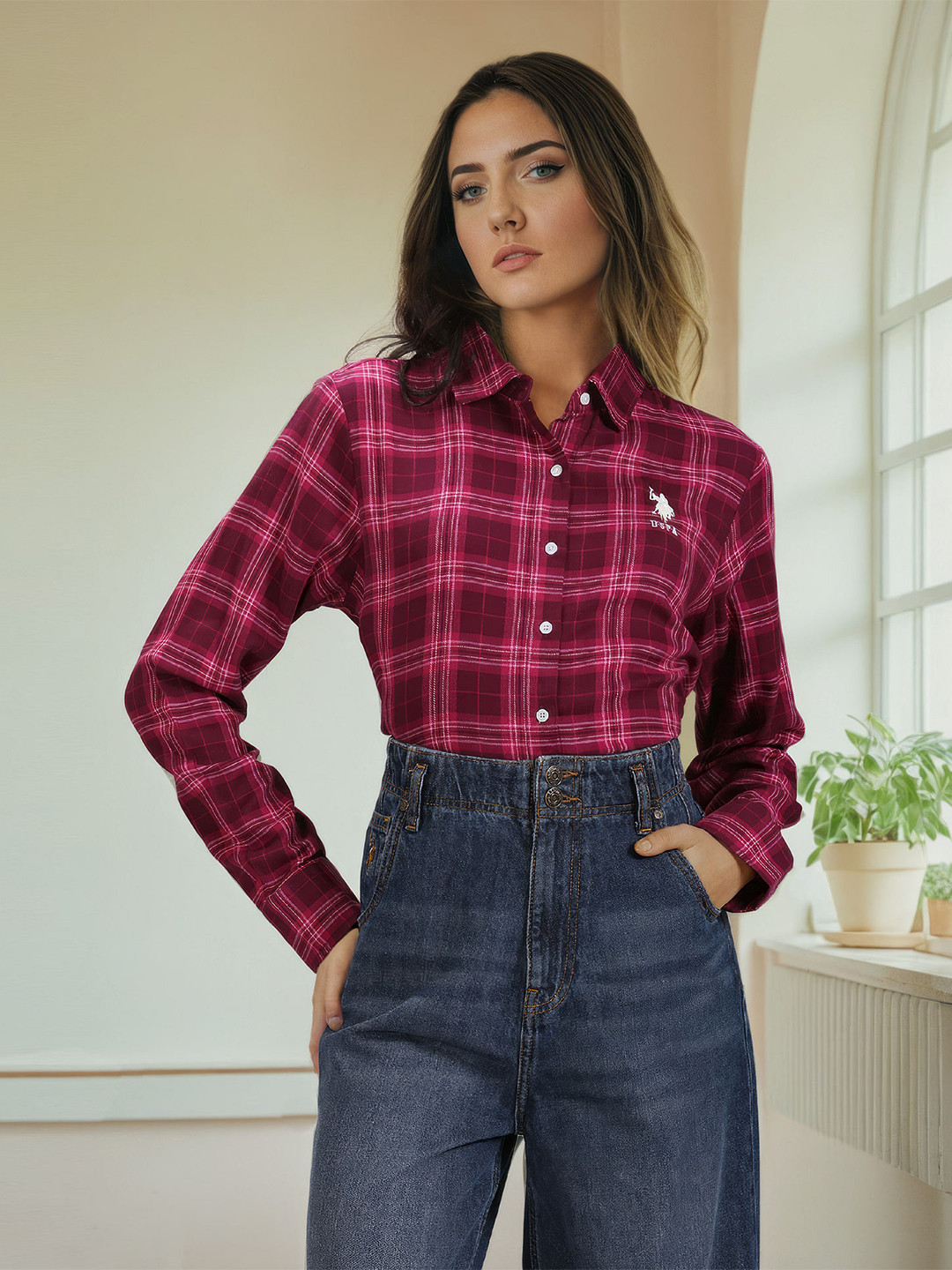 U.S. Polo Assn. Women Tartan Checks Spread Collar Cotton Casual Shirt