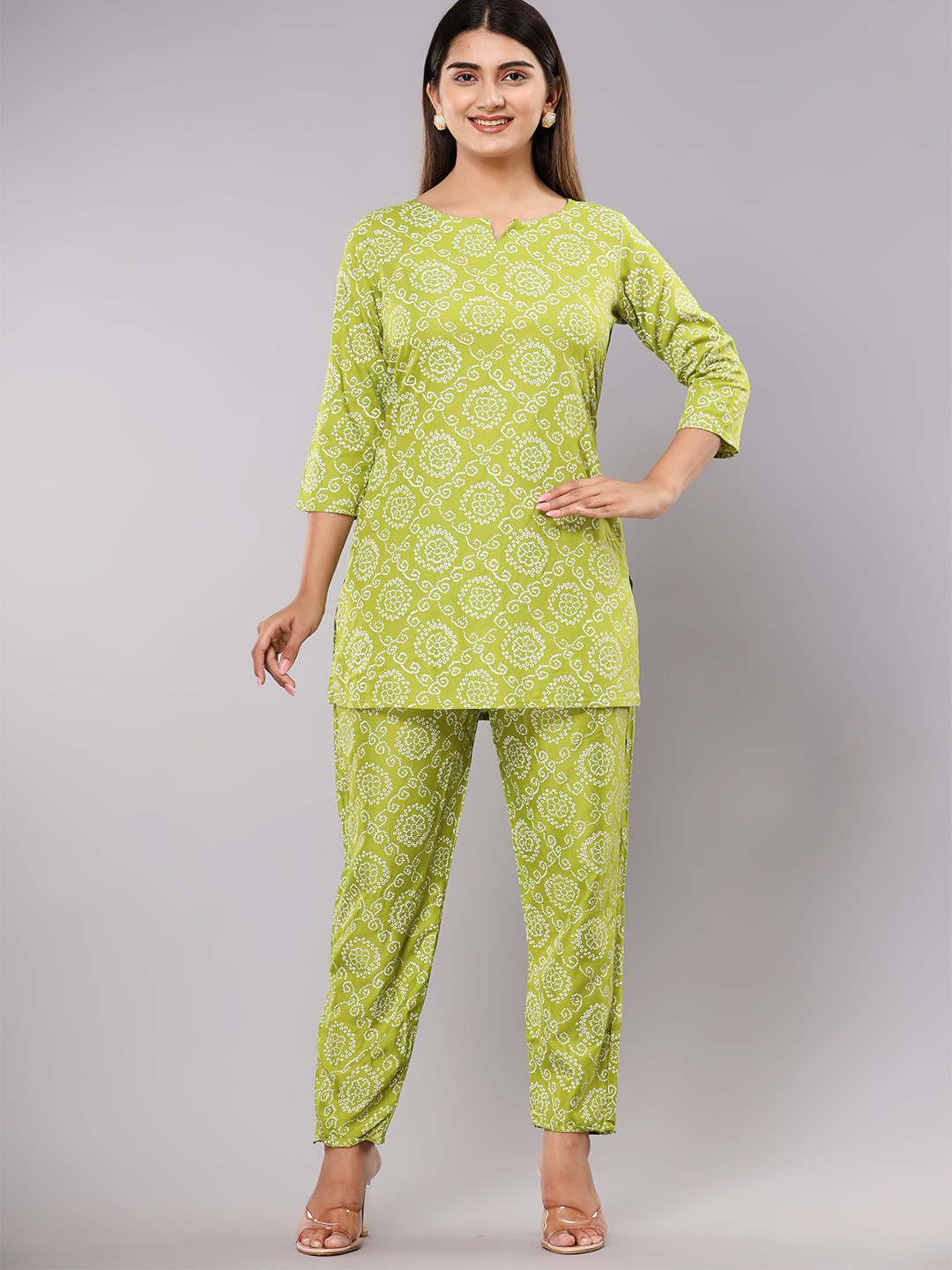 Shedika Ethnic Motifs Printed Round Neck With A Notch Top & Pyjama