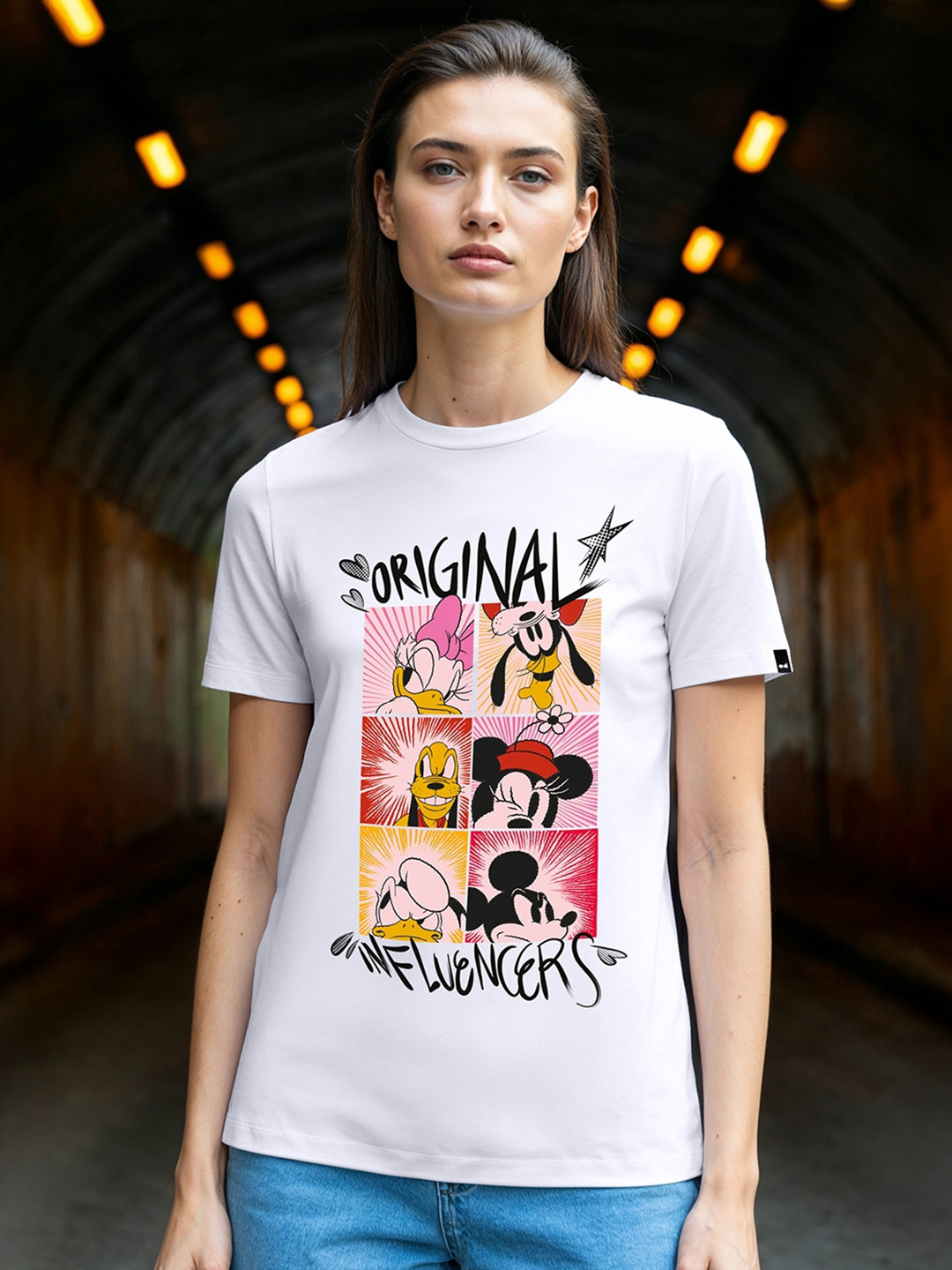 Bewakoof  White Mickey & Donald Printed Round Neck Short Sleeves Pure Cotton T-shirt