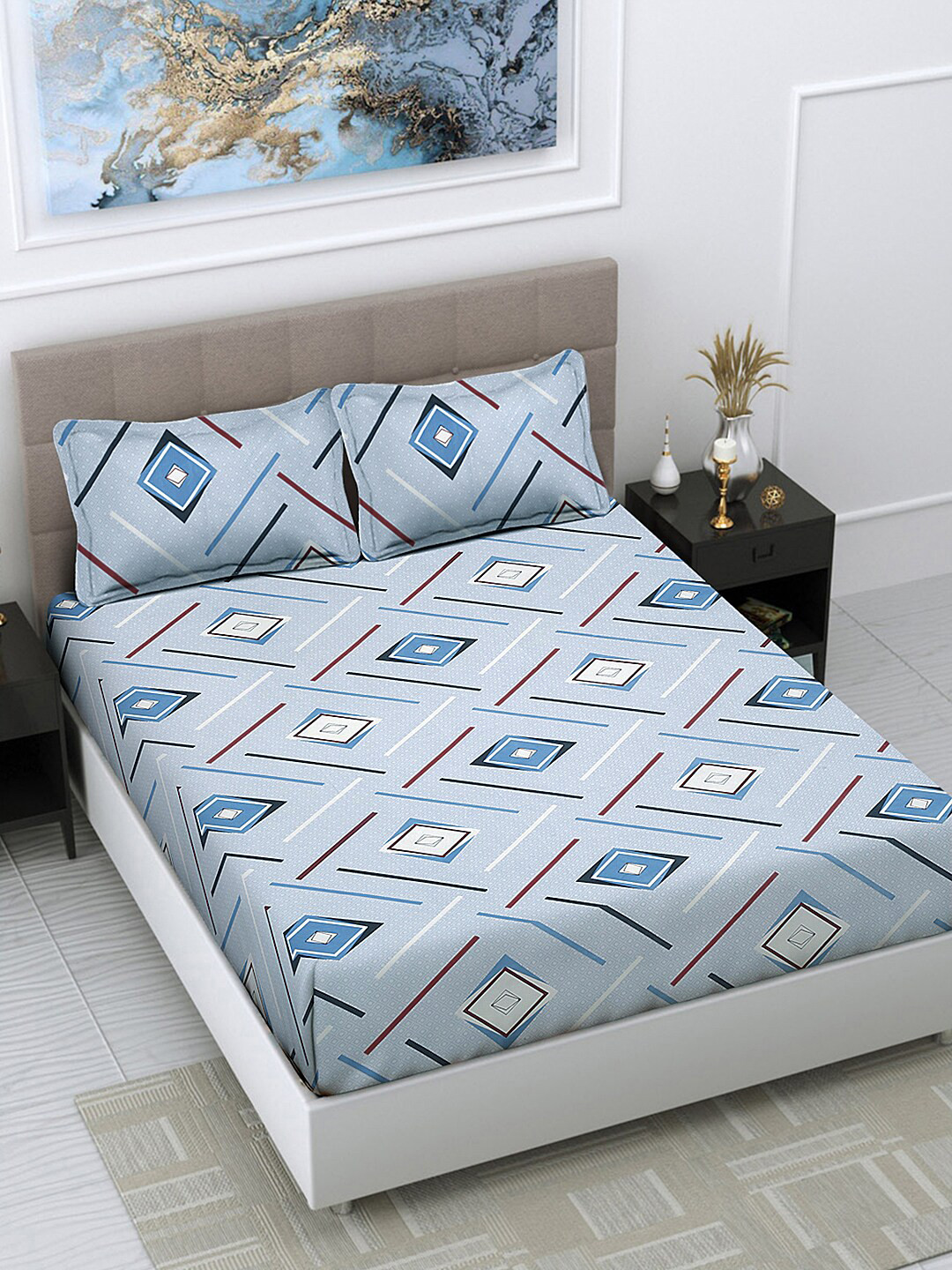 FABINALIV Blue & White Geometric Print 300 TC King Size Bedsheet & 2 Pillow Covers