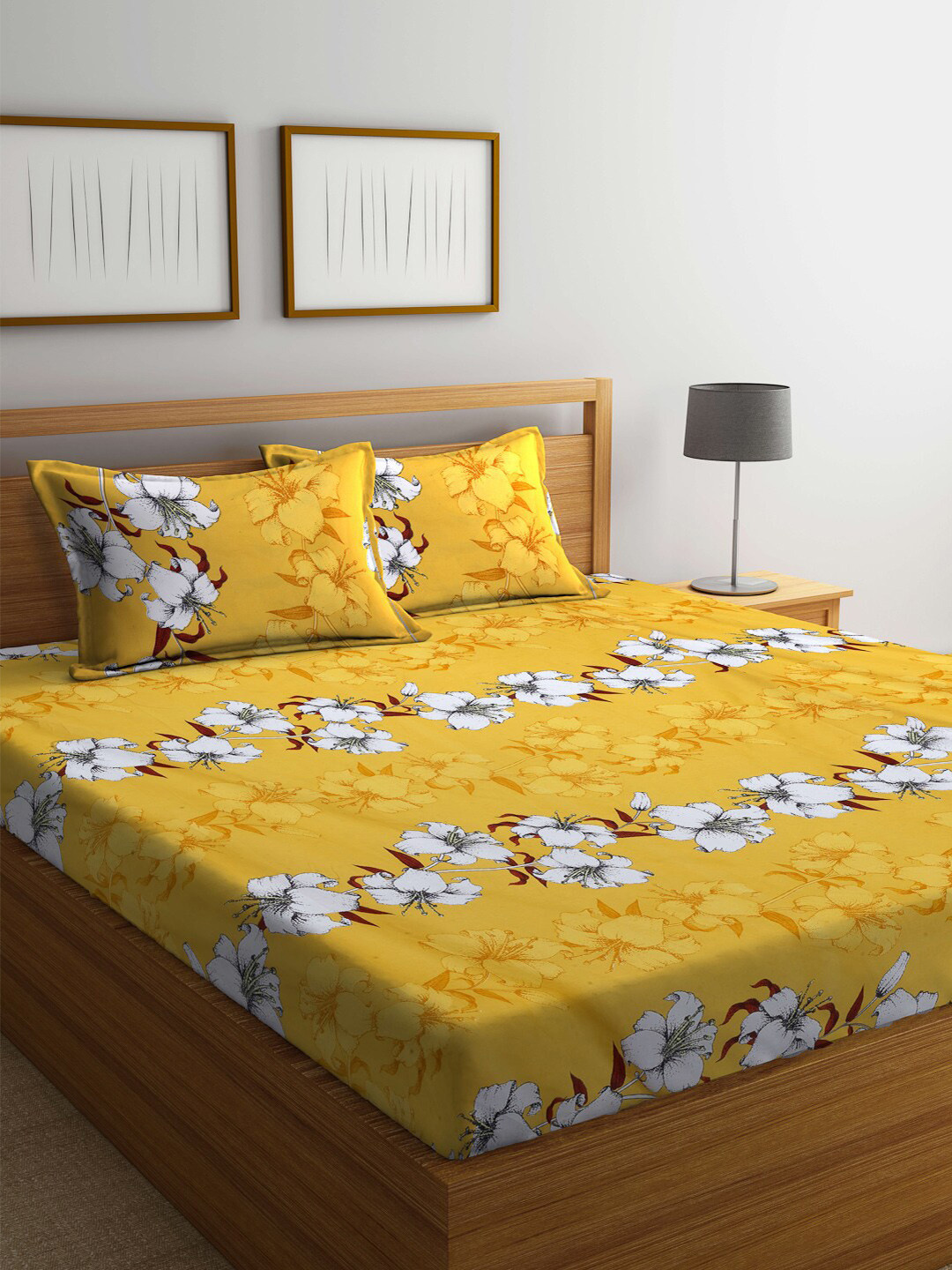 FABINALIV Yellow & White Floral Print 300 TC King Size Bedsheet & 2 Pillow Covers