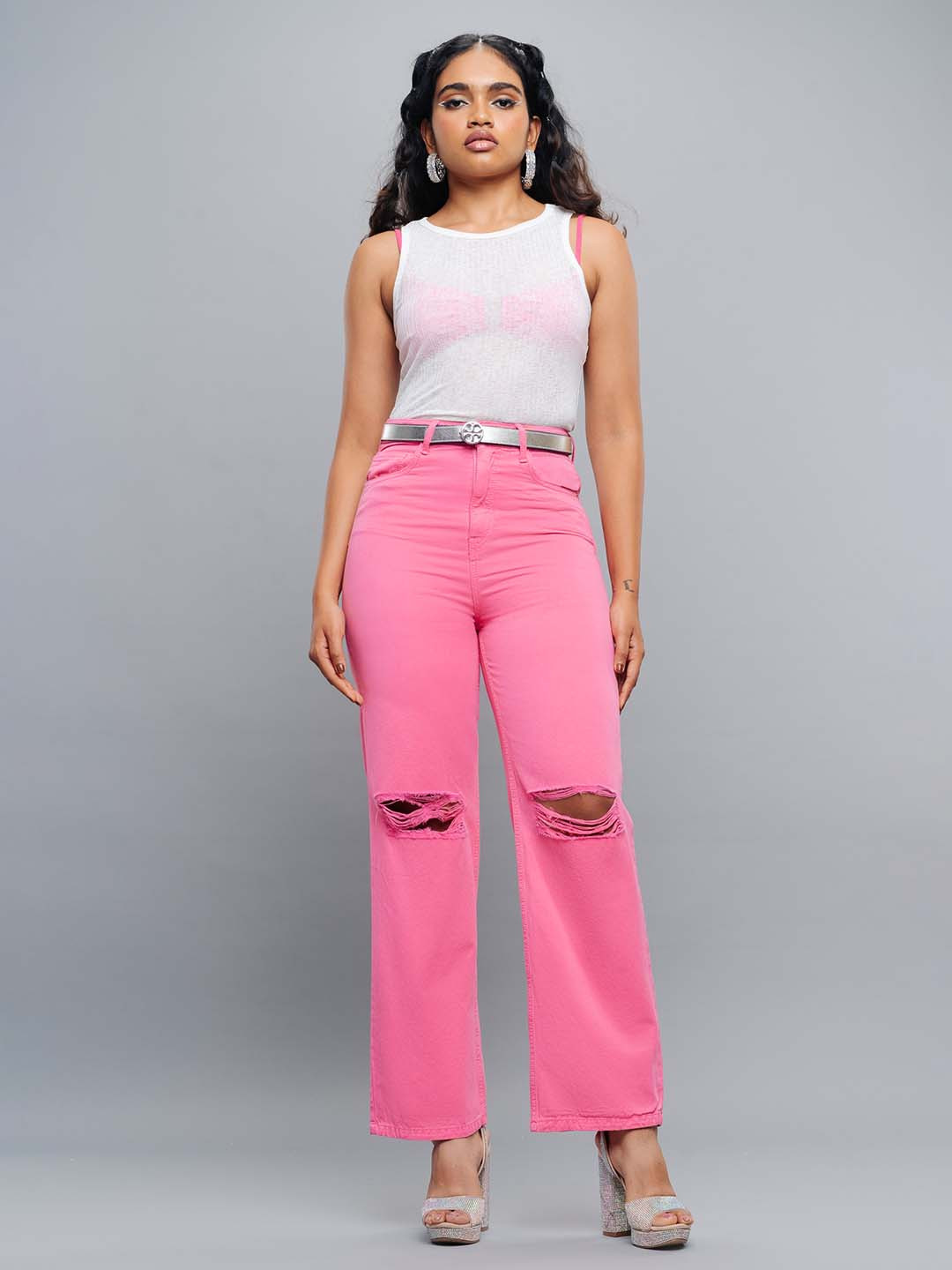 FREAKINS Women Straight Fit High-Rise Highly Distressed Pure Cotton Coloured Jeans
