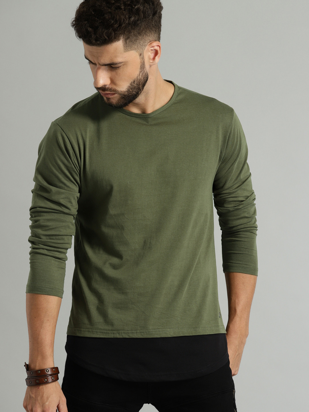 Roadster Men Green Layered Cotton Pure Cotton T-shirt