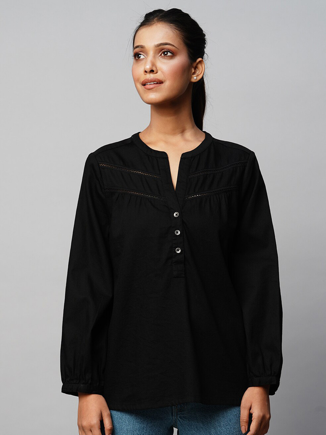 Chemistry Mandarin Collar Lace Detail Gathered Shirt Style Denim Top