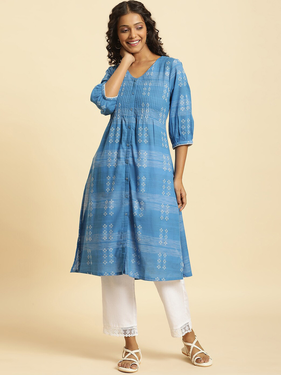 W Floral Woven Design Puffed Sleeves Panelled Pure Cotton A-Line Kurta