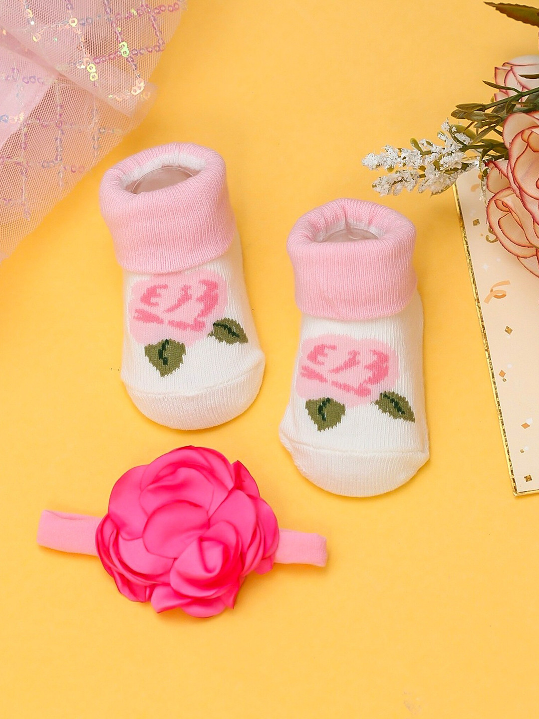 Yellow Bee Girls Flower Patterned Cotton Ankle-length Socks & Flower Headband