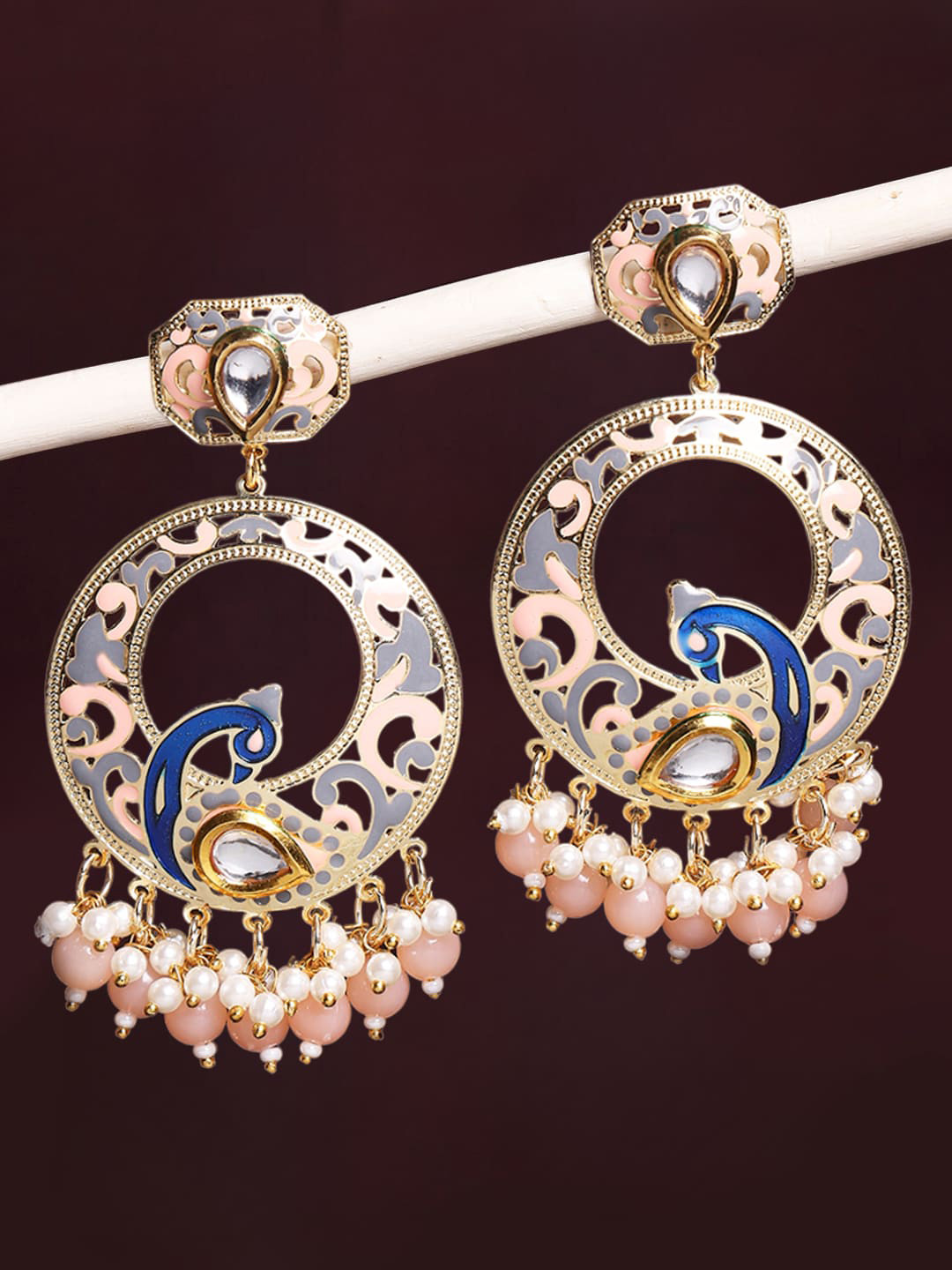 OOMPH Kundan Studded Enamelled Peacock Shaped Chandbalis