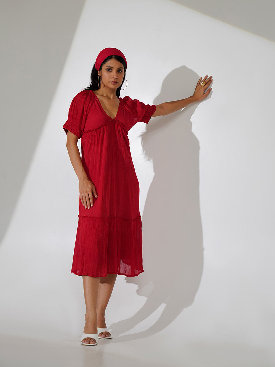 indy Raaga V-Neck Puff Sleeves A-Line Midi Dress