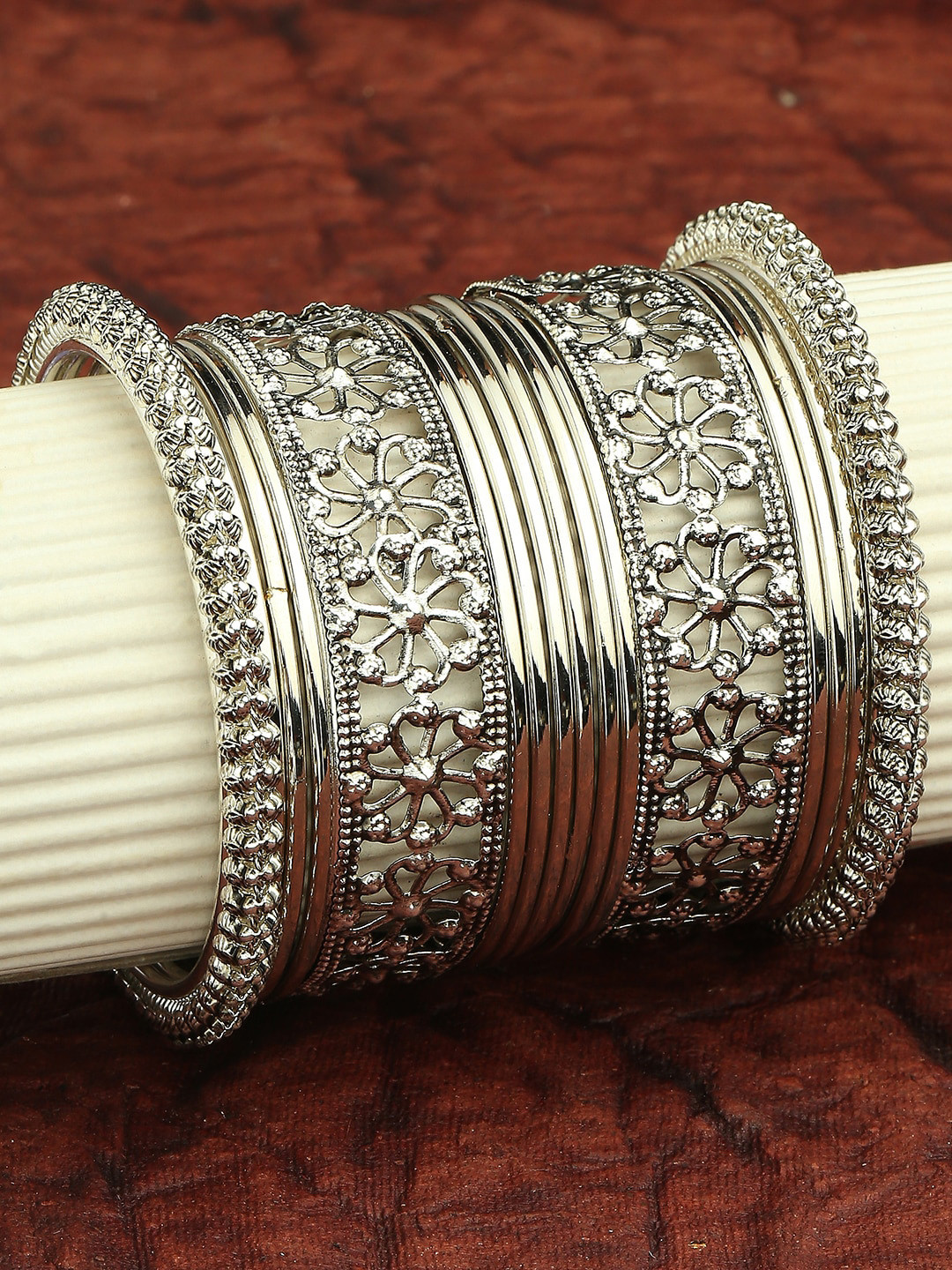OOMPH Set Of 16 Oxidised Floral Design Bangles
