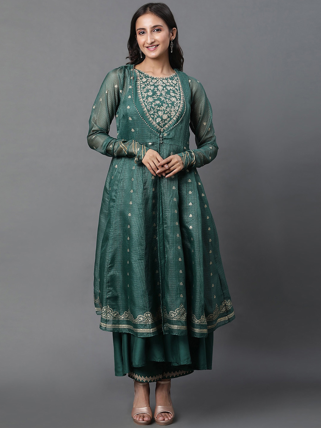 W Floral Embroidered Anarkali Thread Work Kurta With Palazzos