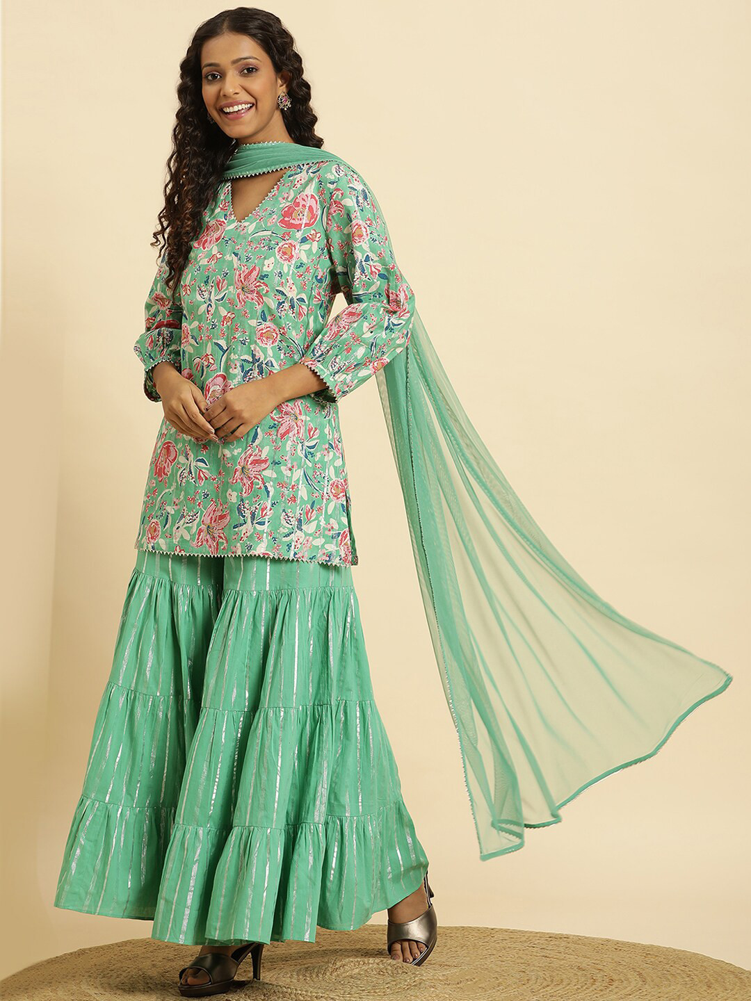 W Women Cotton Kurti with Sharara & Dupatta