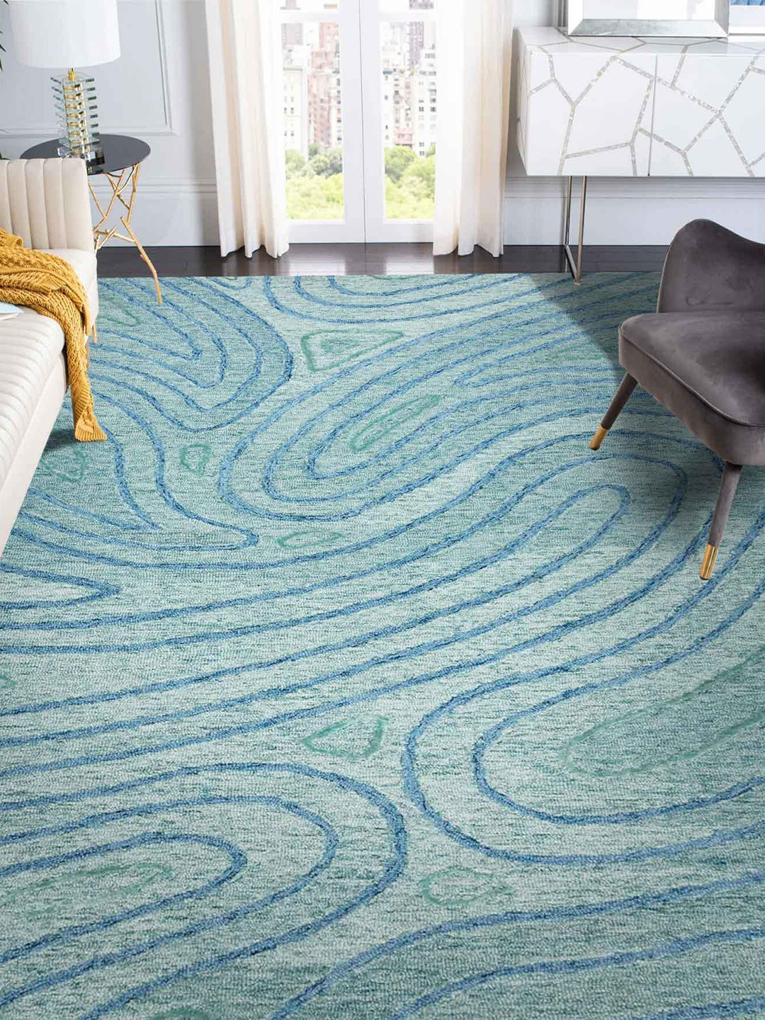 saraswatii global Blue Abstract Hand Tufted Rectangular Carpet