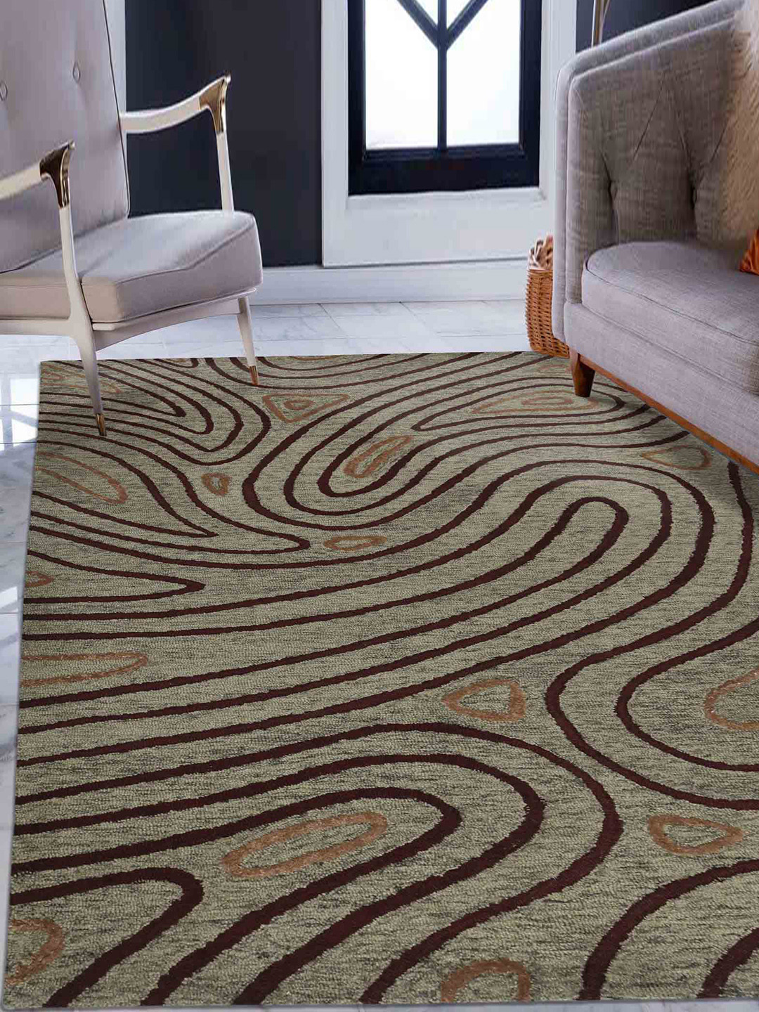 saraswatii global Khaki-Colored Abstract Hand-Tufted Rectangular Carpet