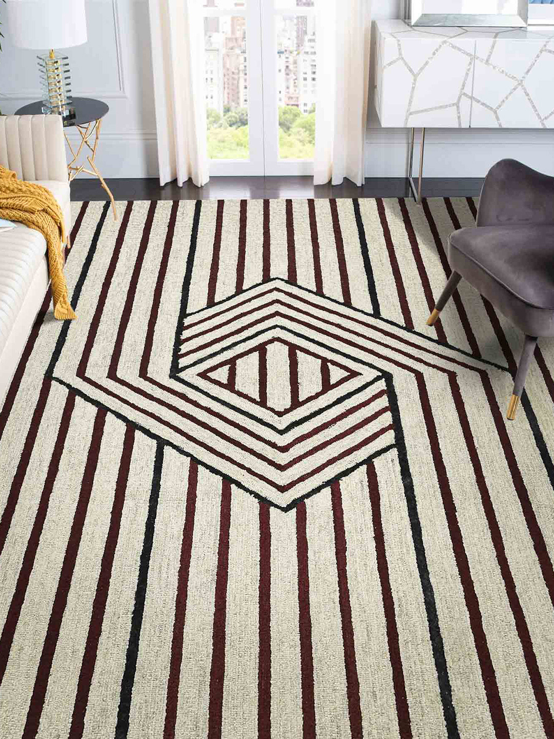 saraswatii global Cream-Colored & Brown Striped Hand Tufted Rectangular Carpet