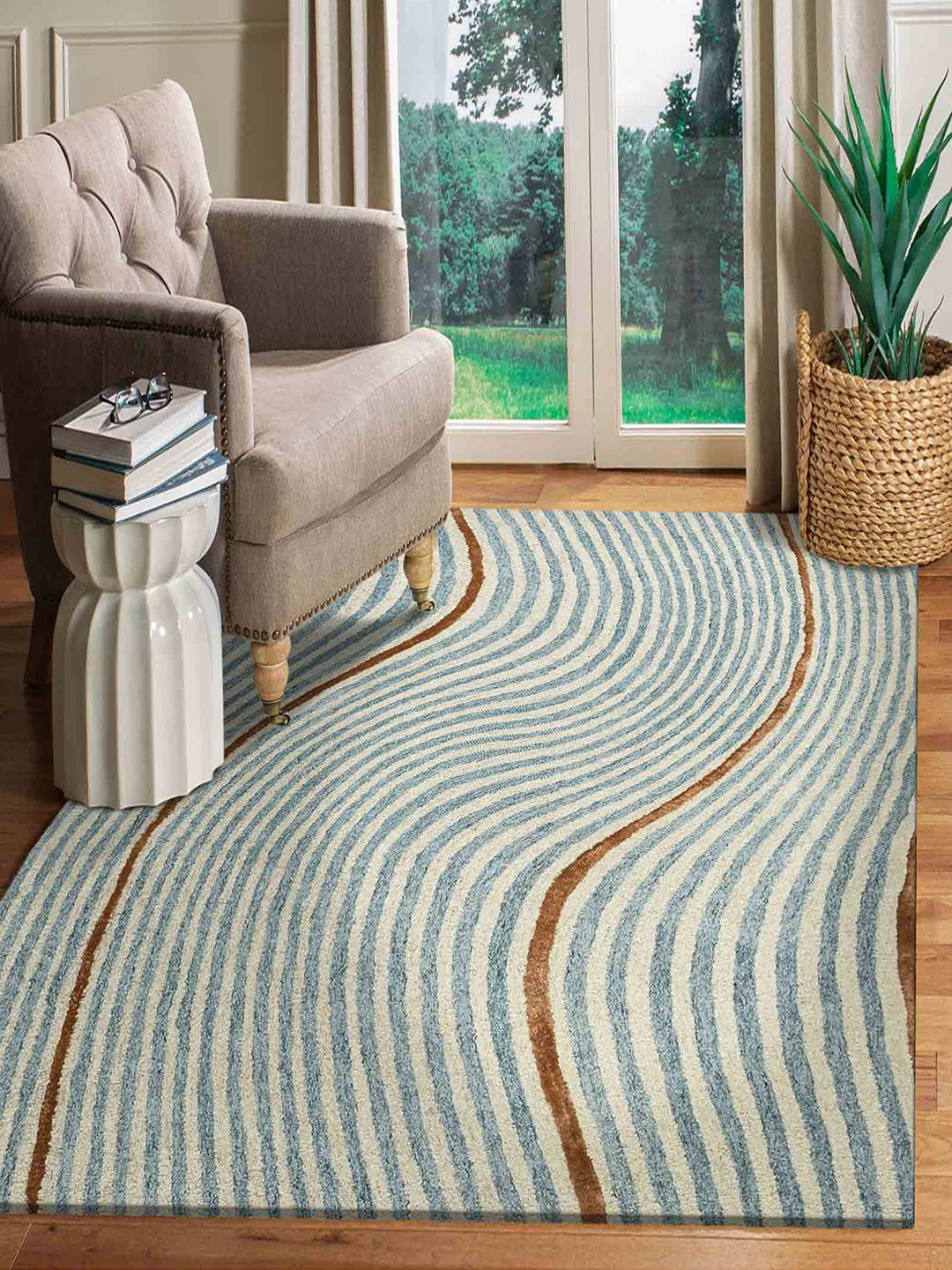 saraswatii global Blue & Brown Geometric Printed Hand Tufted Rectangular Carpet