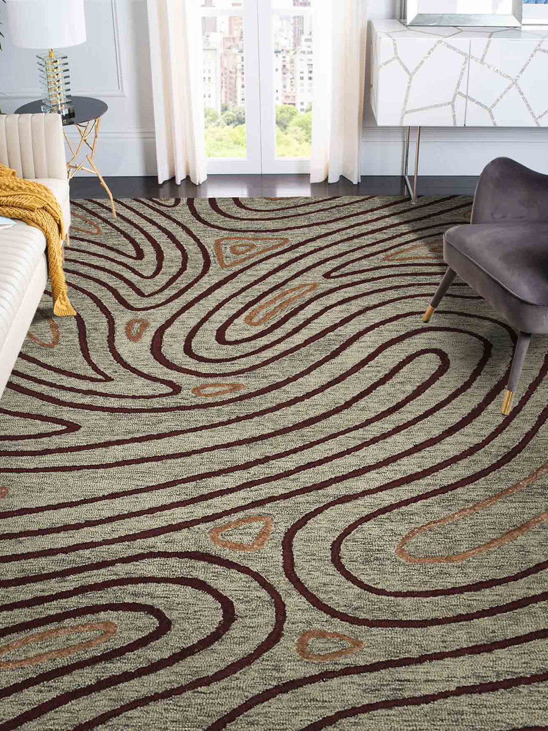 saraswatii global Brown Geometric-Printed Hand Tufted Rectangular Carpet