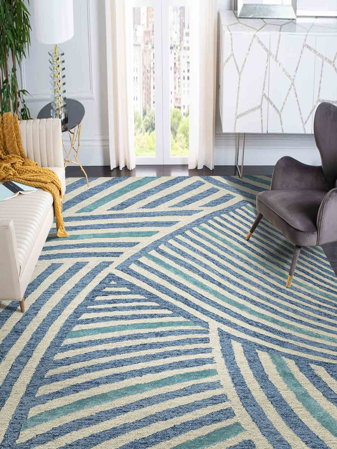 saraswatii global White and Blue Printed Rectangular Carpet
