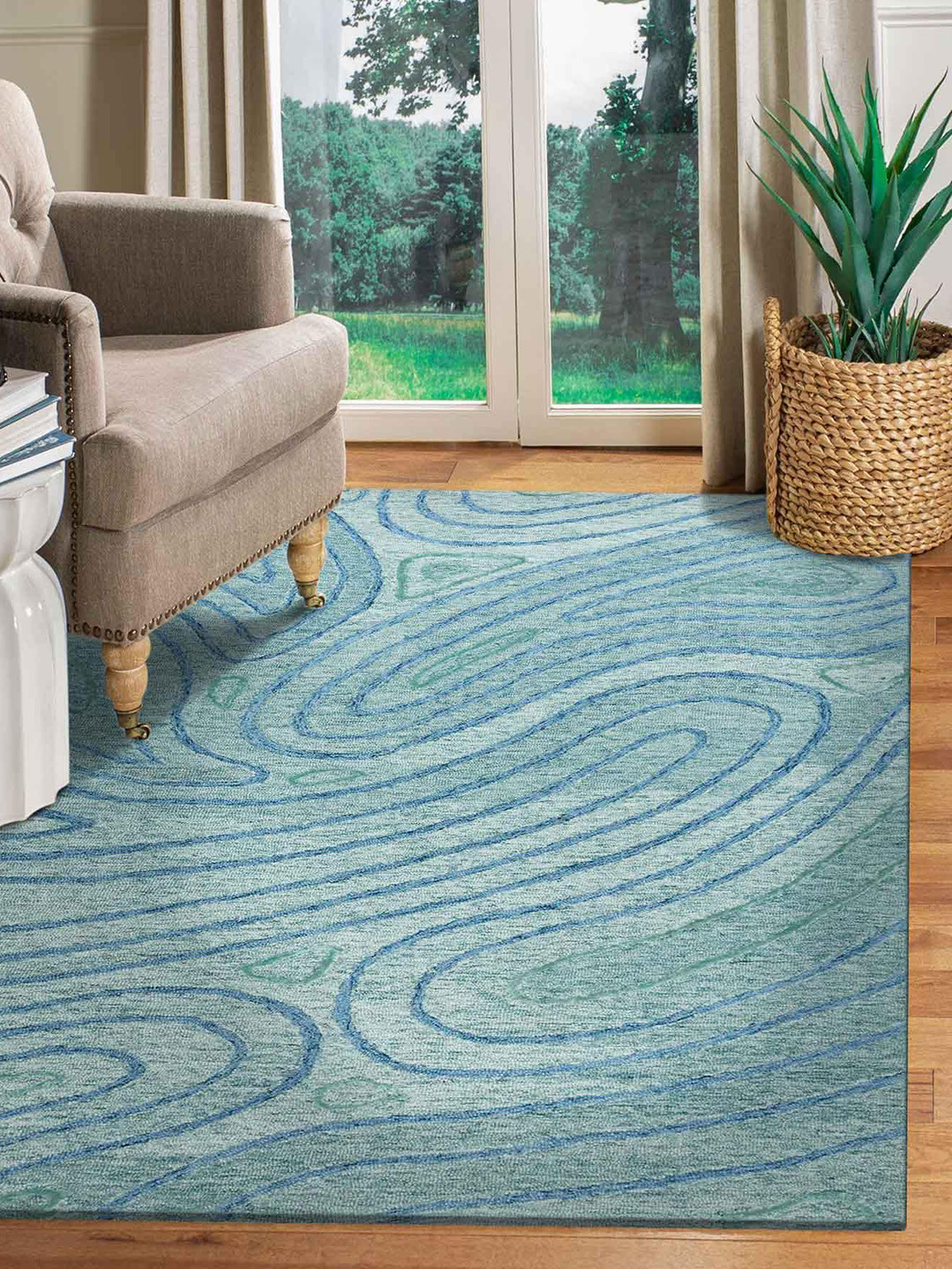 saraswatii global Blue Printed Rectangular Carpet