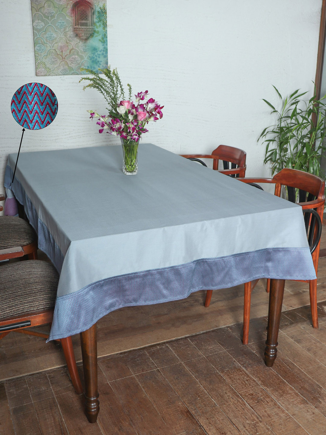 ZEBA Blue Self-Designed Silk 6-Seater Table Cover