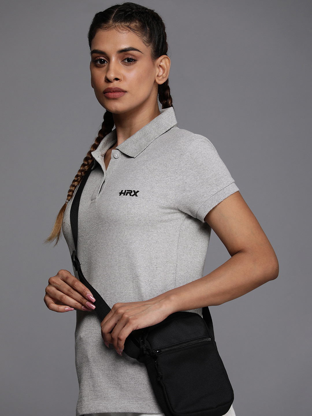 HRX by Hrithik Roshan Women Grey Polo Collar Pure Cotton T-shirt