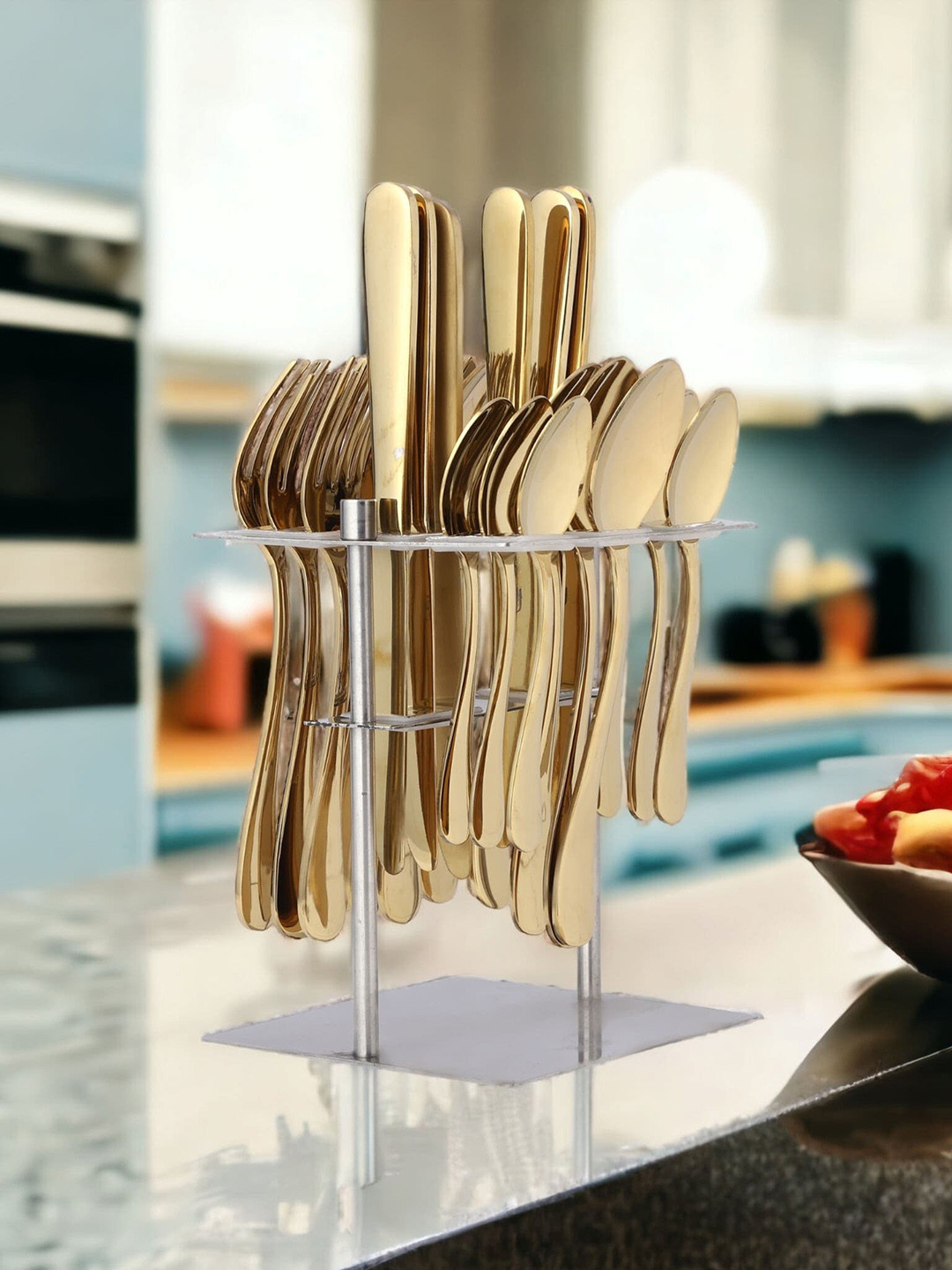 FNS Aurik Gold Plated Premium Stainless Steel 24 pcs Cutlery Set with Stand