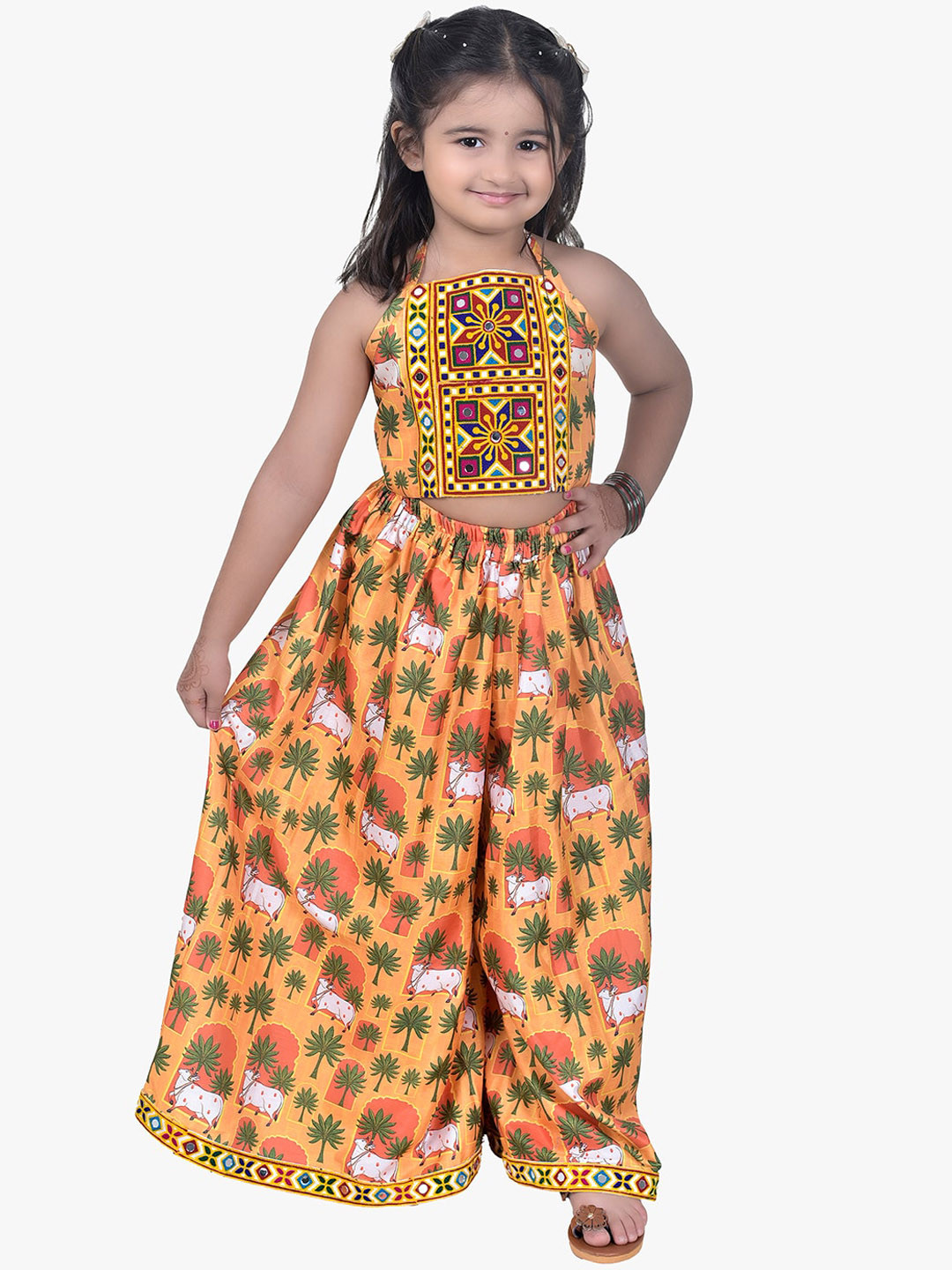 Jilmil Girls Ethnic Motifs Printed Halter Neck Mirror Work Top & Palazzo