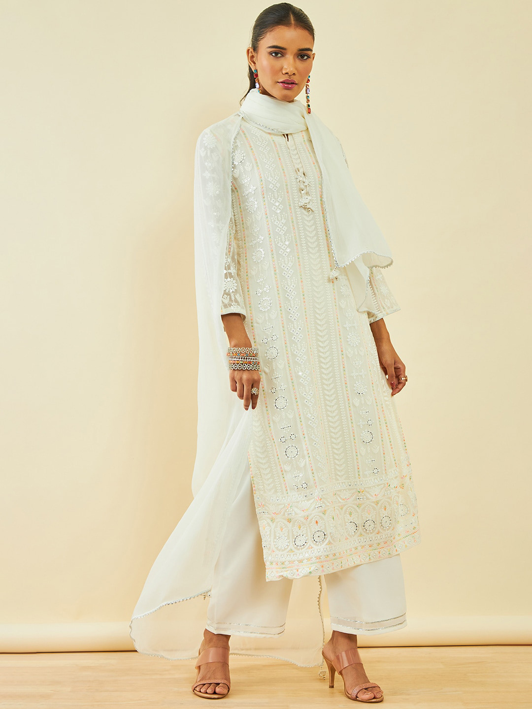 Soch Off White Floral Embroidered Georgette Sequinned Kurta with Palazzos & With Dupatta