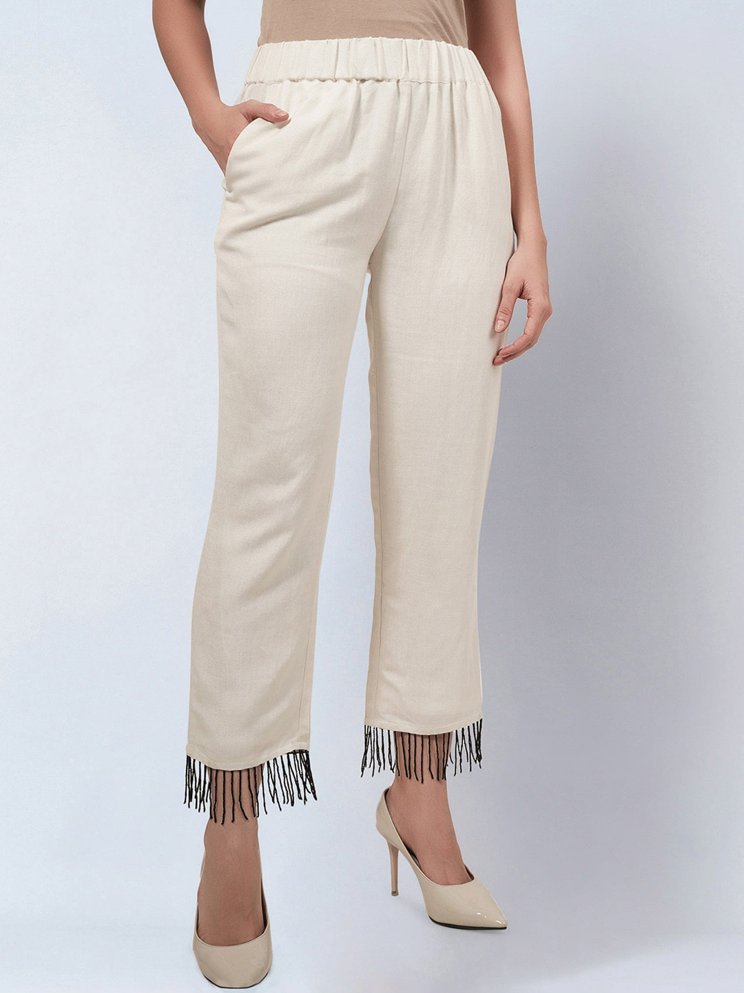 First Resort by Ramola Bachchan Women Smart Plain Mid-Rise Linen Trousers