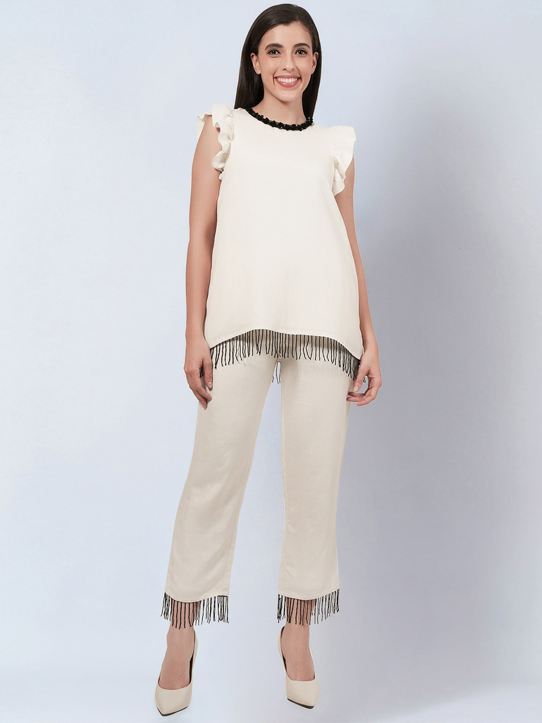 First Resort by Ramola Bachchan Sequined Ruffled Fringed Top With Trousers Co-Ords