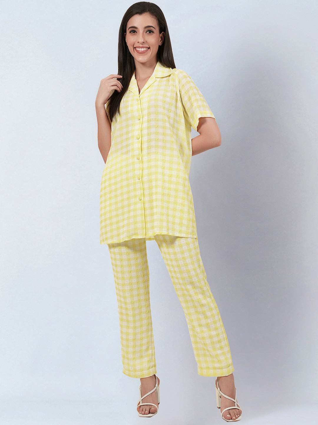 First Resort by Ramola Bachchan Checked Notched Lapel Collar Shirt With Checked Trousers
