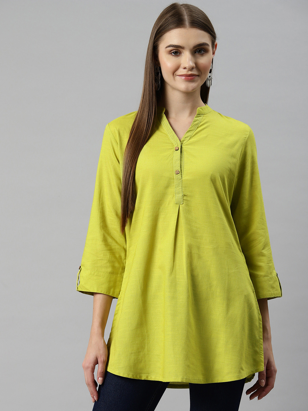 Nayam By Lakshita Solid Green Mandarin Collar Cotton Tunic