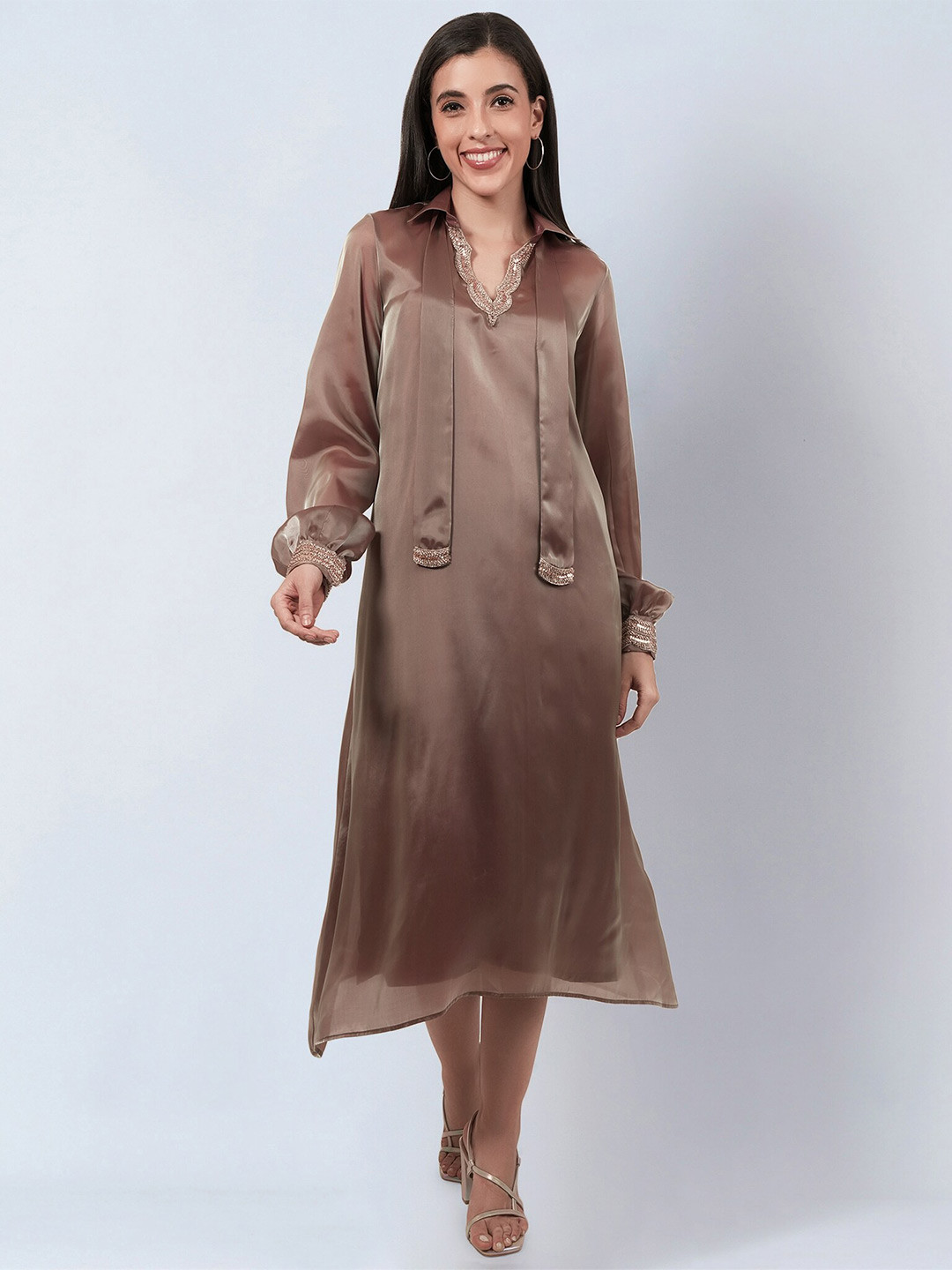 First Resort by Ramola Bachchan Shirt Collar Embellished Detail A-Line Dress