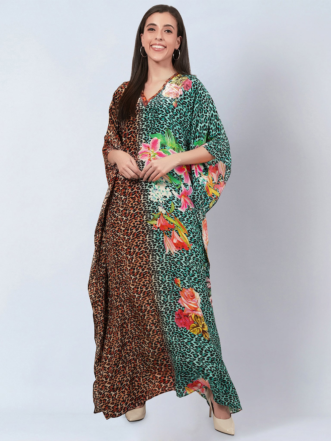 First Resort by Ramola Bachchan Animal Printed V-Neck Modal Kaftan Maxi Dress