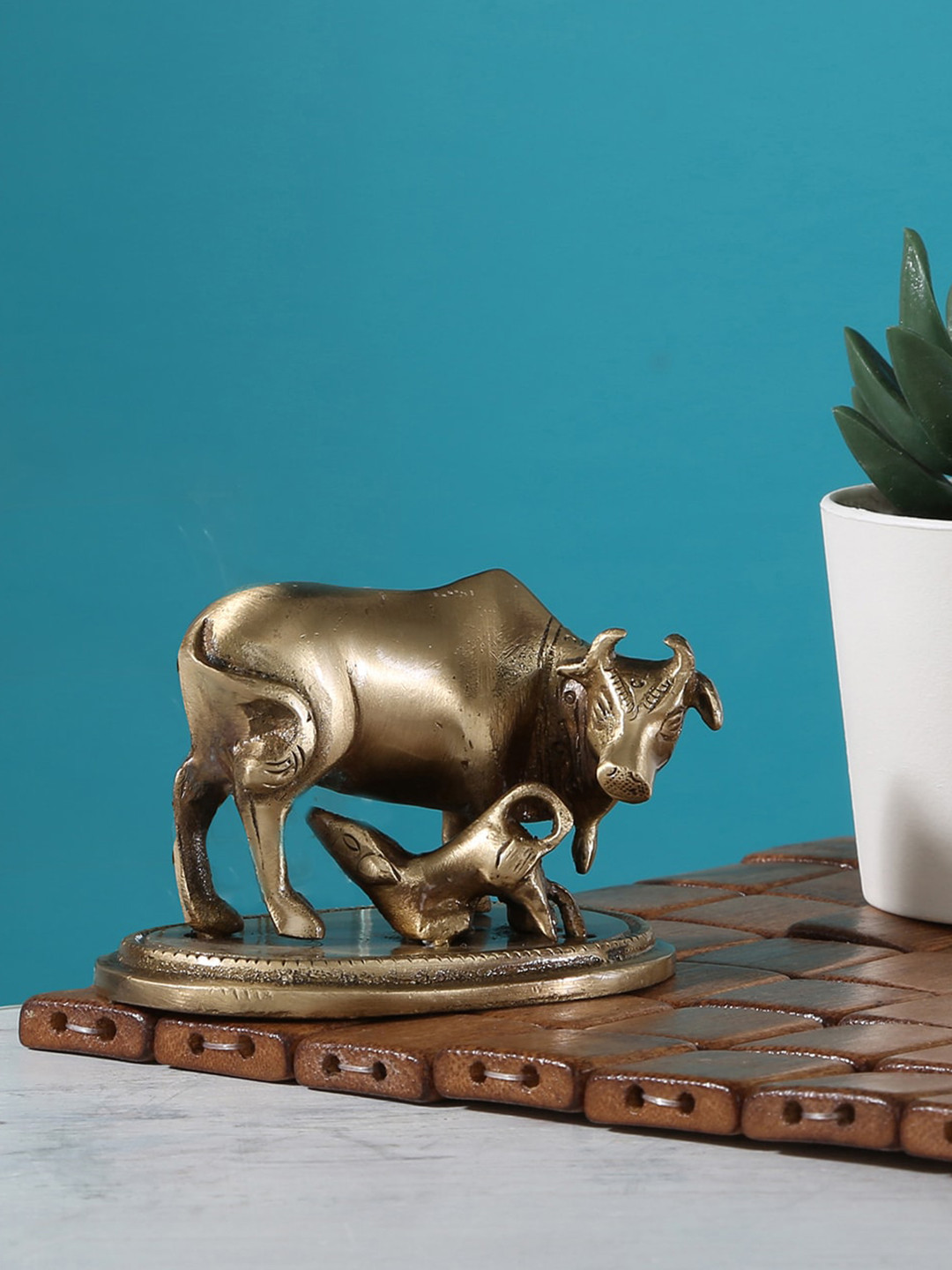 Two Moustaches Kamdhenu Cow and Calf Brown Brass Metallic Living Room Small Showpiece - 2.4 Inches