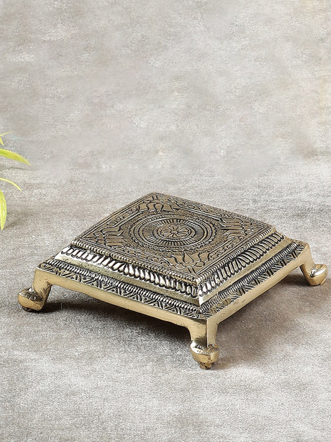 Two Moustaches Lotus Engraved Brass Pooja Chowki