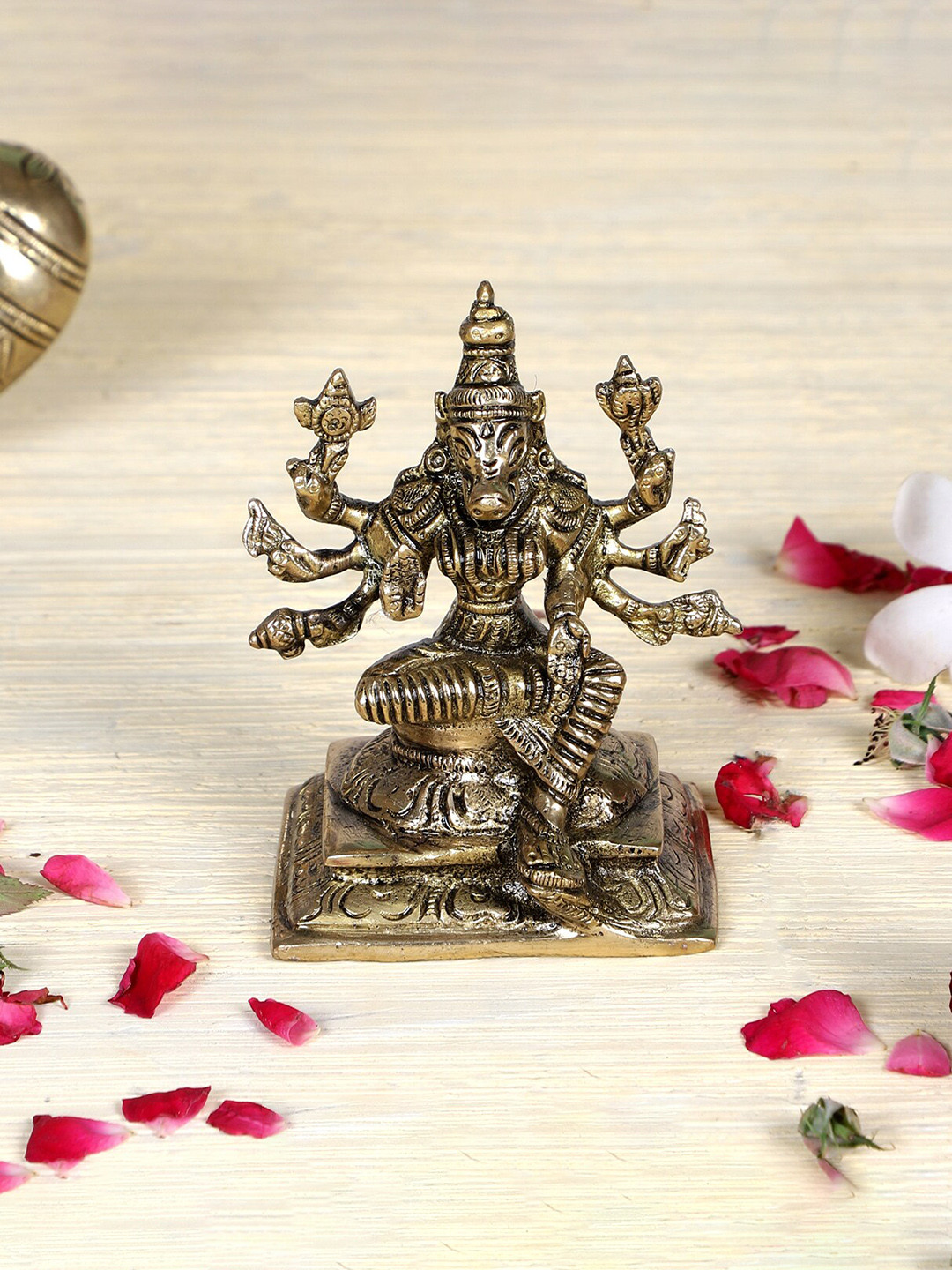 Two Moustaches Varahi Amman Gold Brass Metallic Prayer Room Small Showpiece - 4.4 Inches