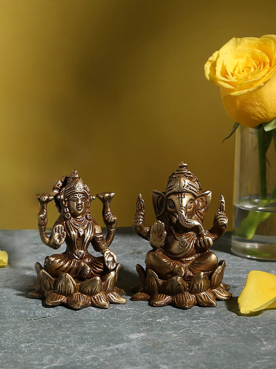 Two Moustaches Laxmi Ganesh Idol Pair Brown Brass Metallic Prayer Room Set of 2 Medium Showpieces - 3 Inches